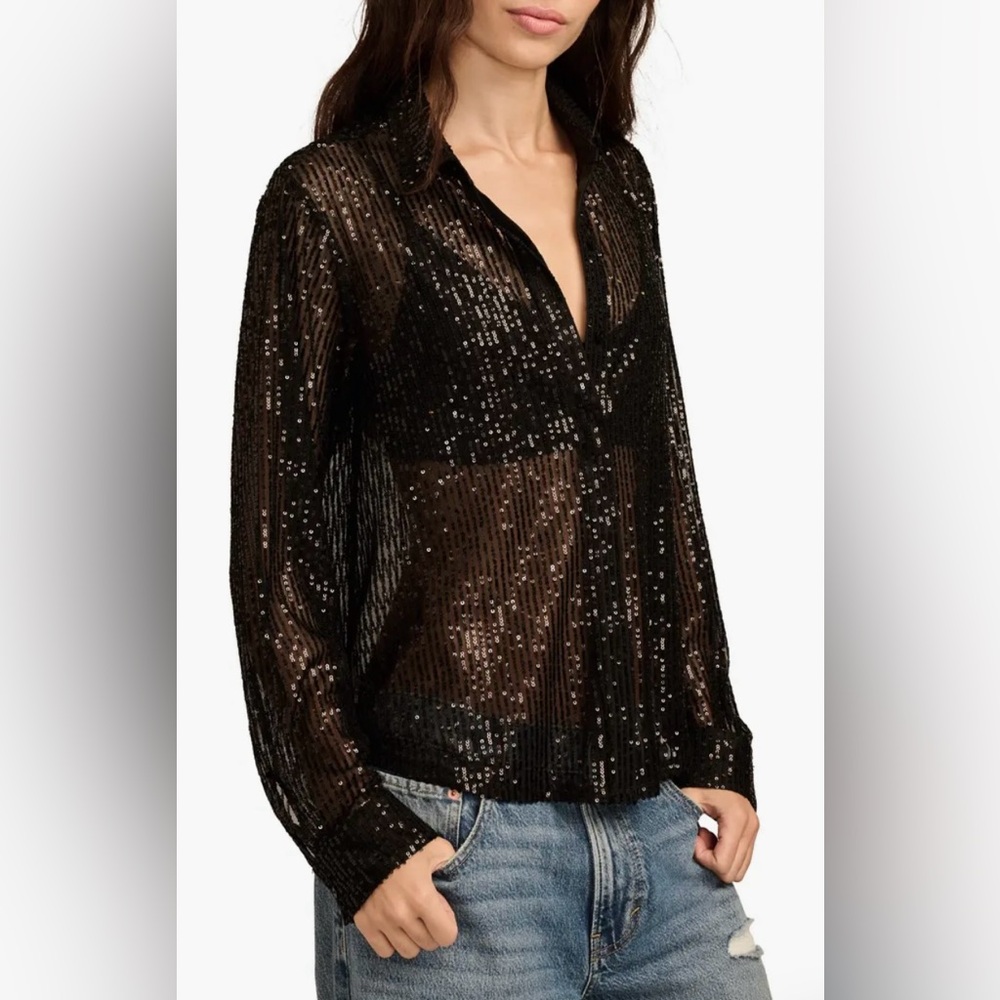 Lucky Brand Sequin Button-Up Shirt Black Size M NWT - Picture 2 of 8